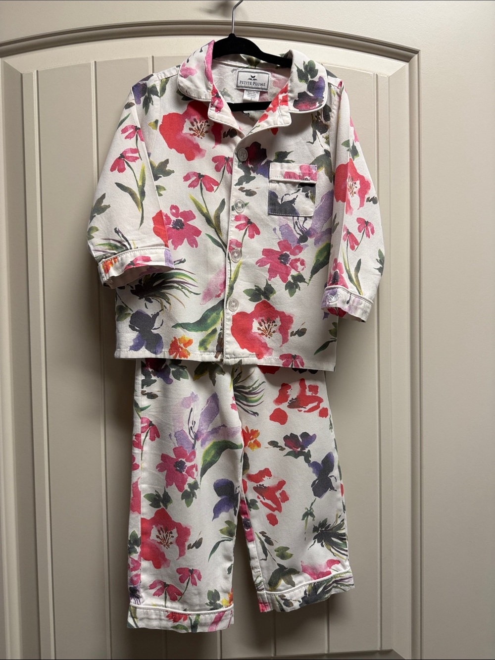 Petite Plume Floral Cotton Pajama Set - White with Pink & Purple Flowers